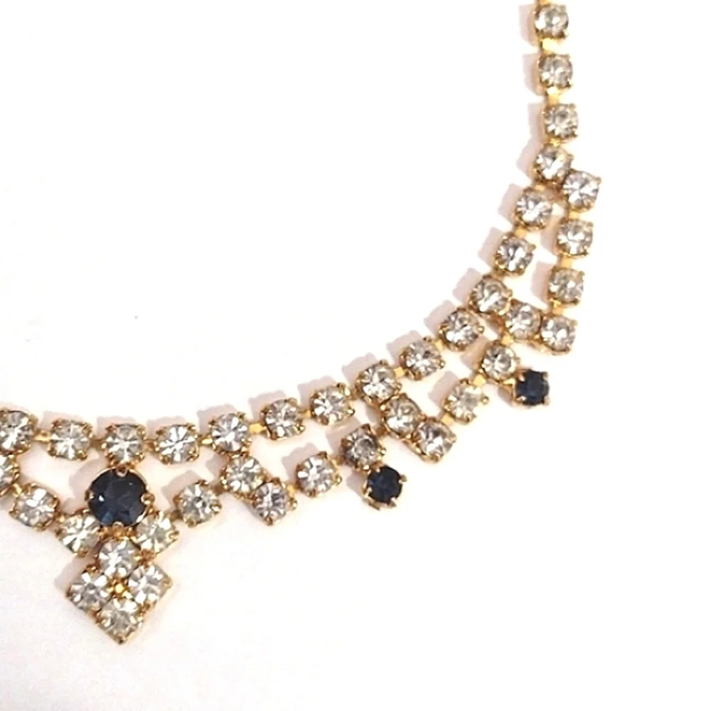 VINTAGE DARK BLUE CLEAR RHINESTONE CHOKER COLLAR BIB 15-18" NECKLACE - Picture 5 of 11